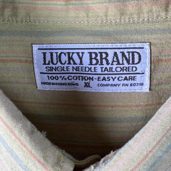 Lucky Brand Men's XL Short Sleeve Button Down Shirt Yellow Stripe Hong Kong - Picture 2 of 8